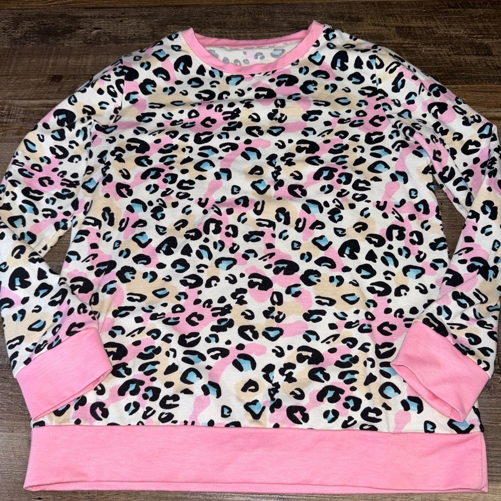 Leopard Print Sweatshirt Pink Trim Cozy Lounge Pullover Womens Medium
